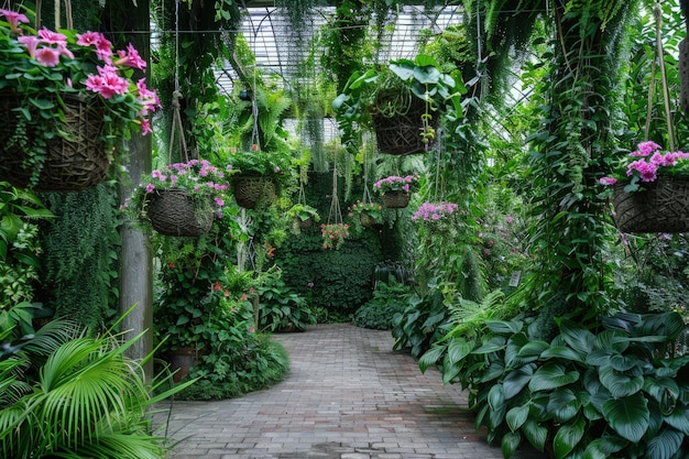 Uma passarela cercada por plantas e flores verdes exuberantes