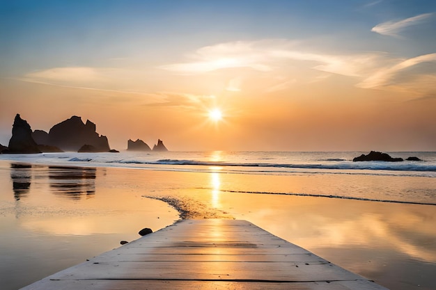 Uma passarela de madeira leva à praia ao pôr do sol.