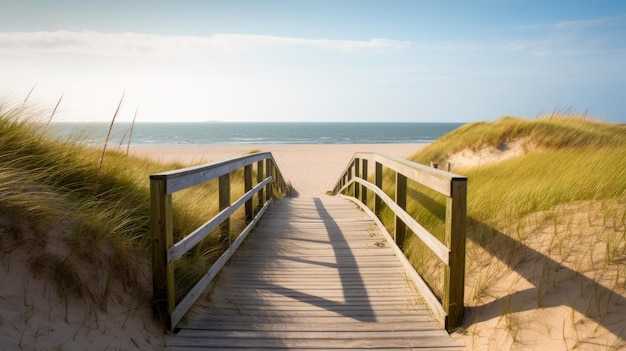 Uma passarela de madeira leva à praia e ao mar.