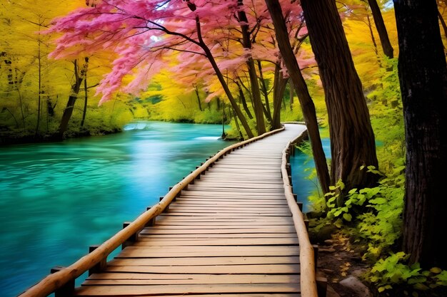 uma passarela de madeira leva a um lago com uma árvore colorida ao fundo