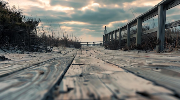 Foto uma passarela de madeira leva a uma praia o céu está nublado e a água está calma a passarela é feita de madeira desgastada e tem um corrimão de um lado