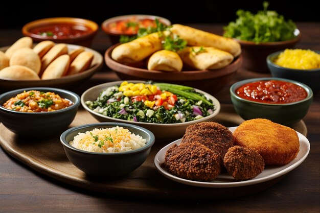 Uma pasta de comida brasileira de dar água na boca Feijoada Po de Queijo Coxinha e Brigadeiros