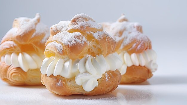 uma pastelaria com um topo de gelo branco senta-se em uma mesa