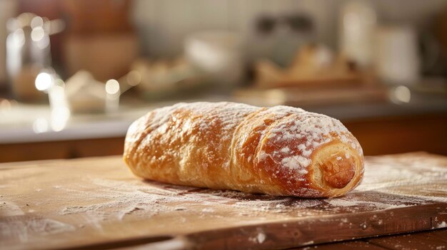 Uma pastelaria é exibida em cima de uma tábua de corte de madeira criando uma estética simples e rústica