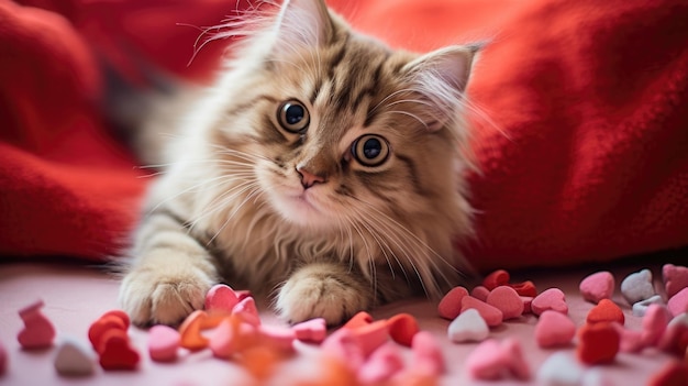 Uma pata de gato delicadamente batendo em um pi ata em forma de coração cheio de erva-gato e trata por um