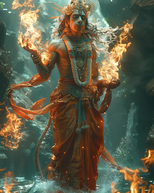 Uma peça conceitual ilustrando a jornada de Hanuman através dos elementos