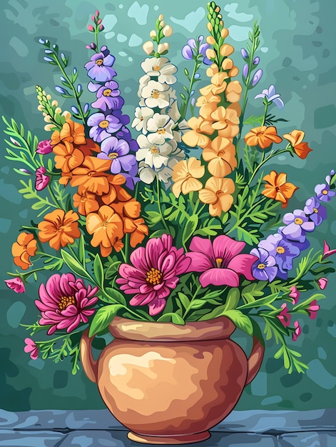 Uma peça de arte criativa que retrata flores em um vaso em uma mesa