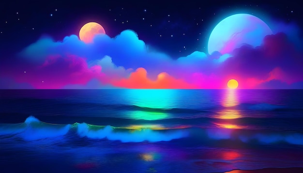 Uma peça de arte de luz de néon retratando uma paisagem marinha iluminada pela lua com nuvens, estrelas e uma lua colorida
