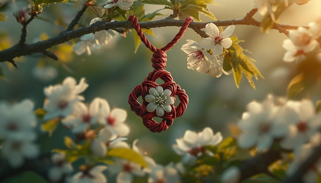 uma peça de arte digital de um amuleto tradicional Martisor com cordas vermelhas e brancas entrelaçadas