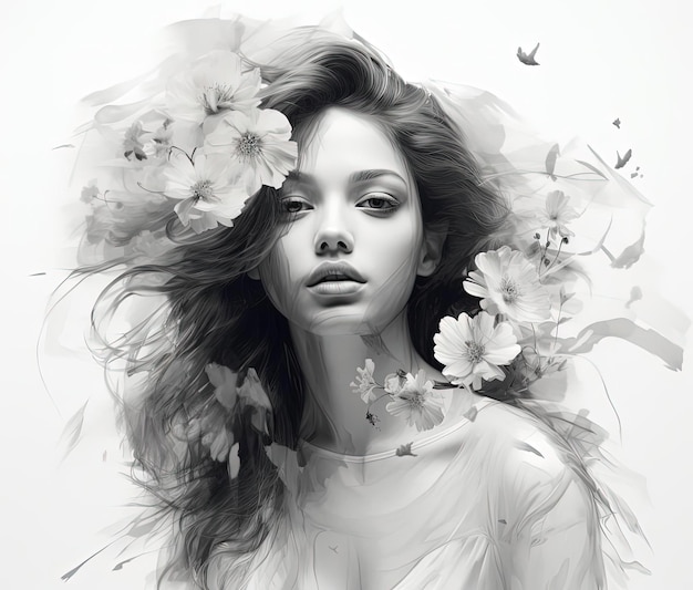 uma peça de arte digital em preto e branco sobre uma menina e flores