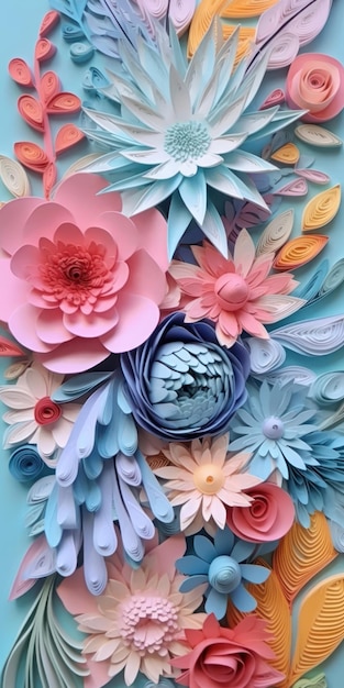 Uma peça de arte em papel colorido com flores.