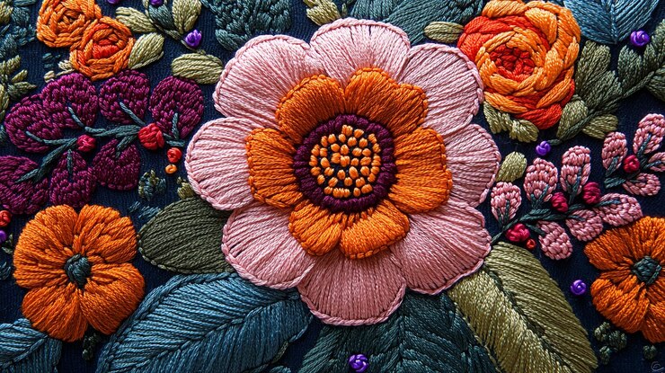Foto uma peça de bordado intrincado um desenho detalhado com um motivo floral com cores vibrantes