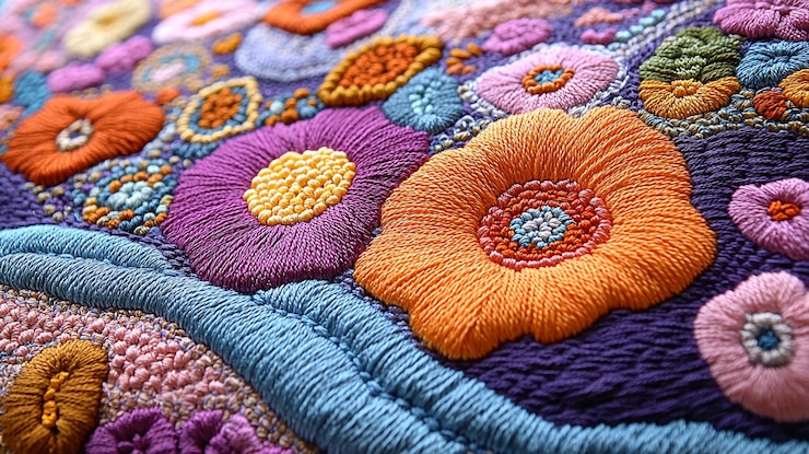 Foto uma peça de bordado intrincado um desenho detalhado com um motivo floral com cores vibrantes