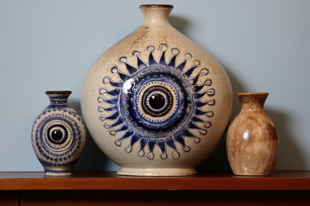 Uma peça de cerâmica com um desenho de olho mau exibida em uma prateleira