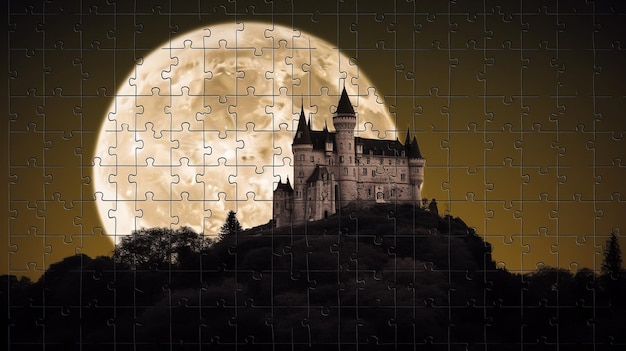 Uma peça de quebra-cabeça de um castelo com a lua ao fundo.