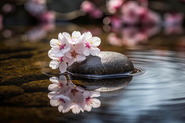 Uma pedra com uma flor de cerejeira está na água