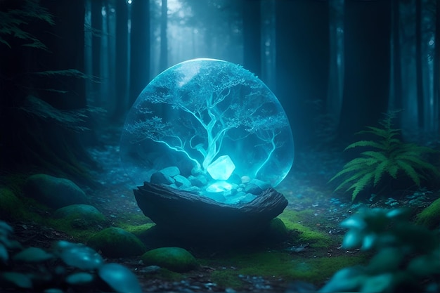 Uma pedra mágica na floresta à noite