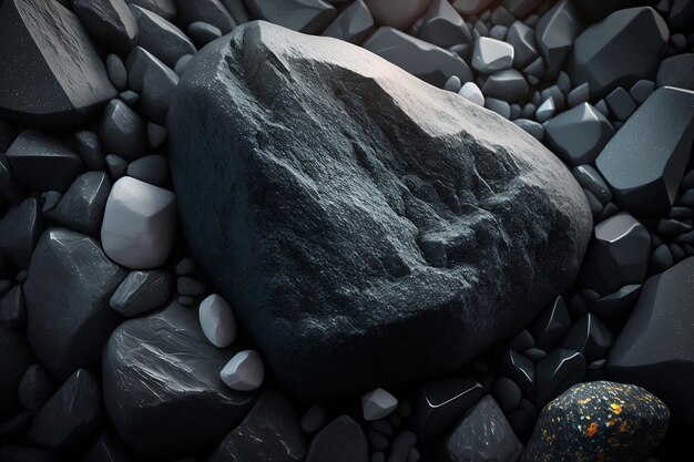 Uma pedra preta com uma placa azul que diz 'a palavra rock' nela