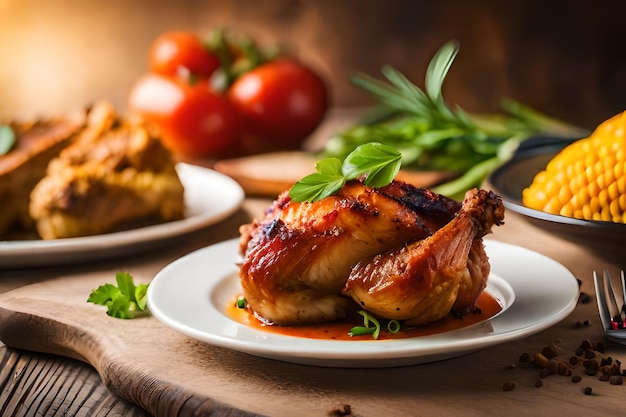 uma peita de frango está em um prato com uma faca e alguns tomates