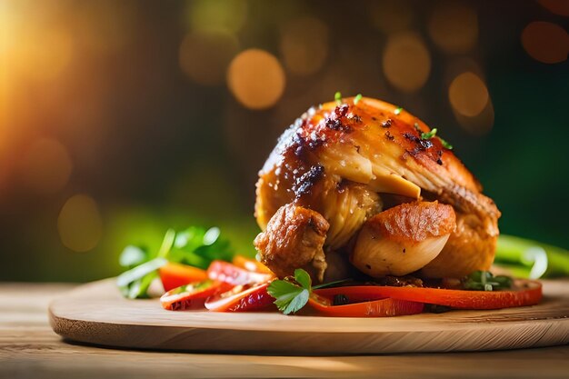 Uma peita de frango está em um prato com vegetais