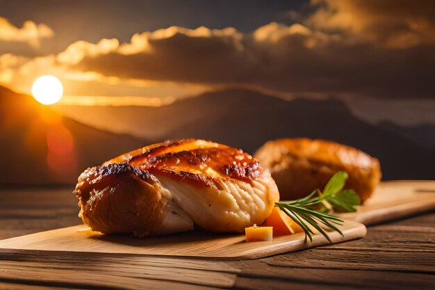 uma peita de frango está em uma tábua de corte de madeira com um pôr-do-sol no fundo