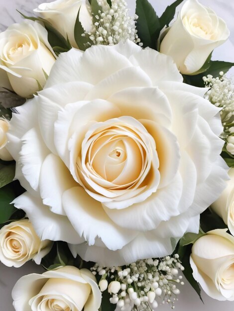 Uma pena branca delicadamente colocada no centro de um arranjo circular de rosas brancas