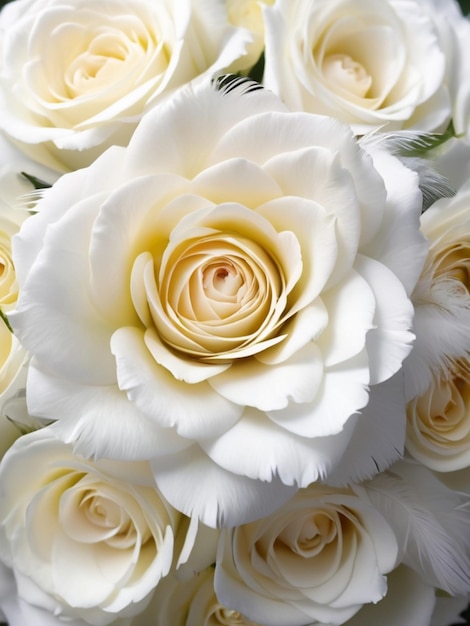 Uma pena branca delicadamente colocada no centro de um arranjo circular de rosas brancas
