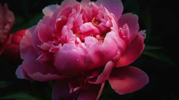 Uma peônia rosa com gotas de chuva sobre ela