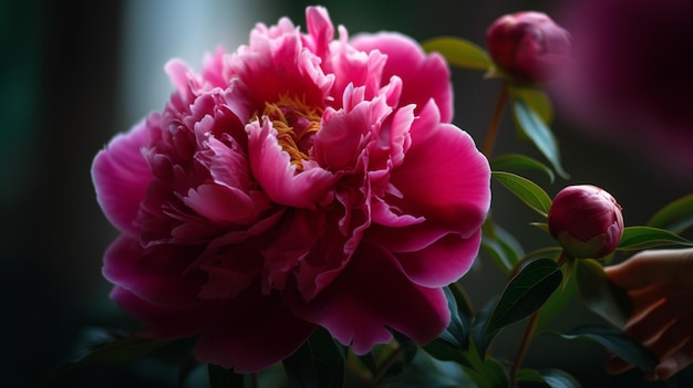 Uma peônia rosa em uma panela com uma folha verde.