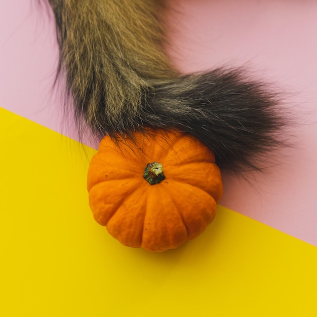 Foto uma pequena abóbora laranja e um rabo de gato fofo em um fundo amarelo e roxo