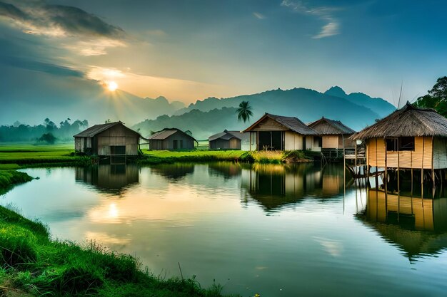 uma pequena aldeia ao lado do lago com montanhas ao fundo