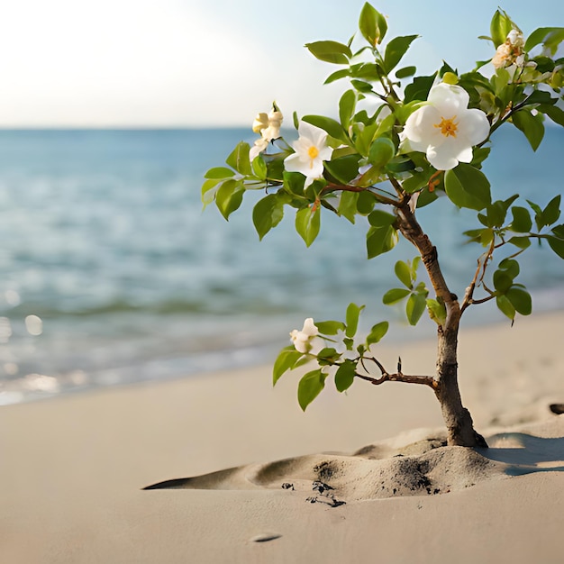 uma pequena árvore com flores brancas na areia