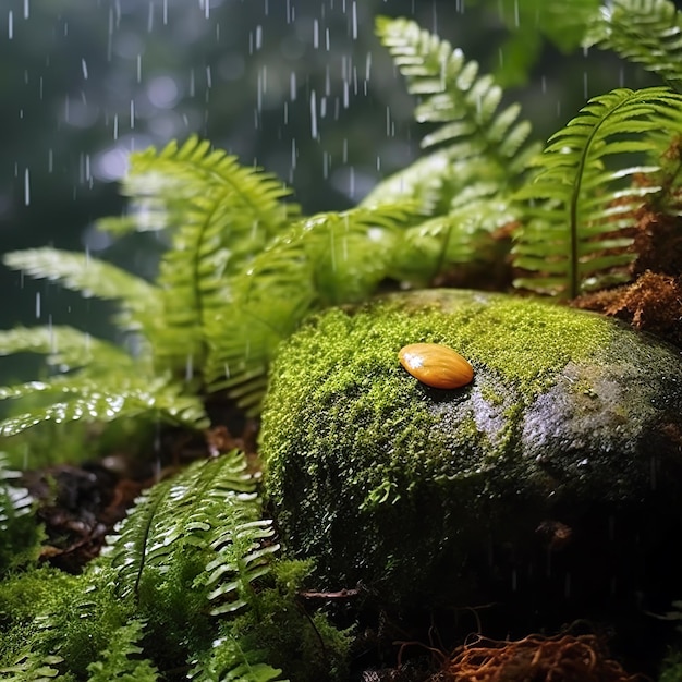 Uma pequena árvore emerge do musgo na chuva