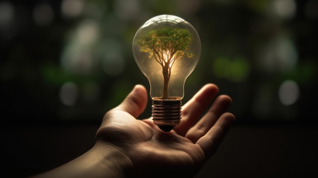 Uma pequena árvore plantada em uma lâmpada economizadora de energia segurando por uma mão energia verde Generative AI
