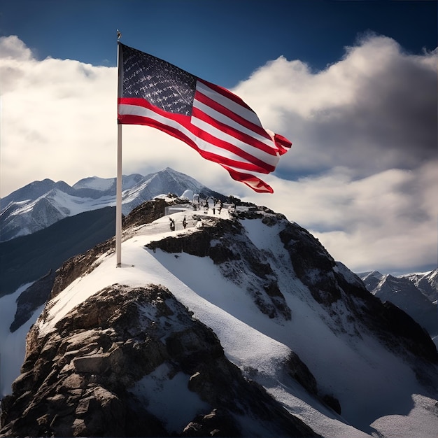 Uma pequena bandeira americana distante em uma montanha alta