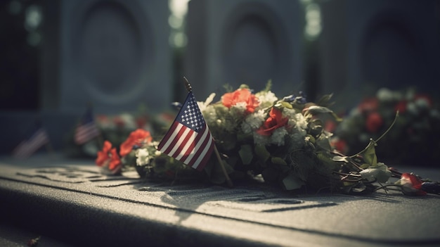 Uma pequena bandeira americana fica em um túmulo.