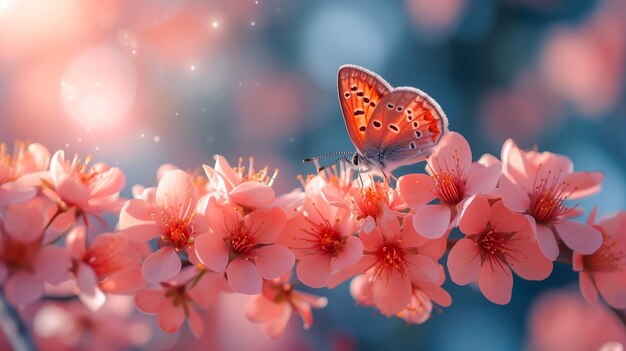 uma pequena borboleta com marcas azuis-marrom e brancas em um galho de árvore de flores de sakura borboleta