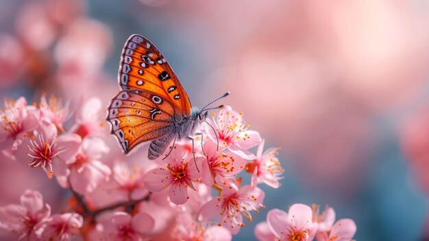 uma pequena borboleta com marcas azuis-marrom e brancas em um galho de árvore de flores de sakura borboleta