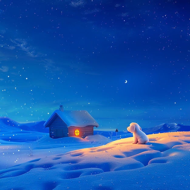 uma pequena cabana com um telhado coberto de neve e um urso polar no meio dela
