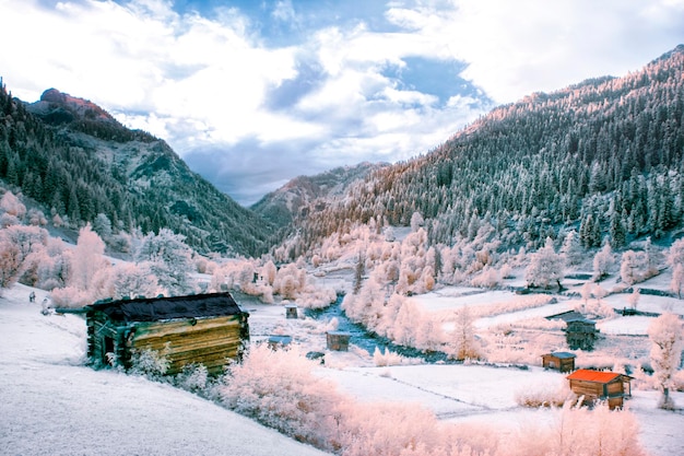 Foto uma pequena cabana de madeira é cercada por árvores e uma montanha