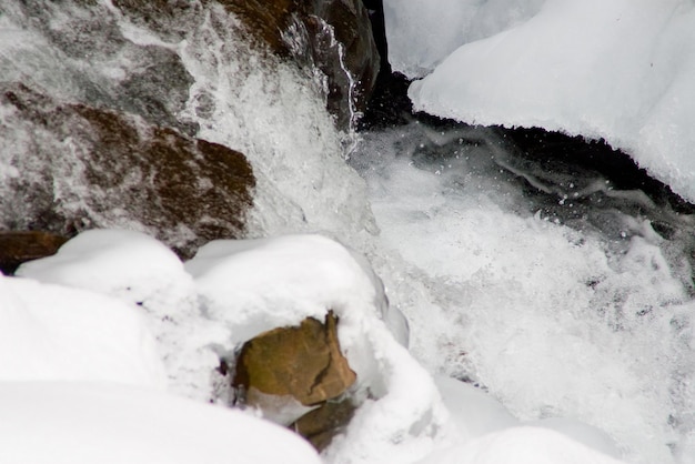 uma pequena cachoeira ativa córrego da montanha limpa neve inverno paisagem vida selvagem fundo