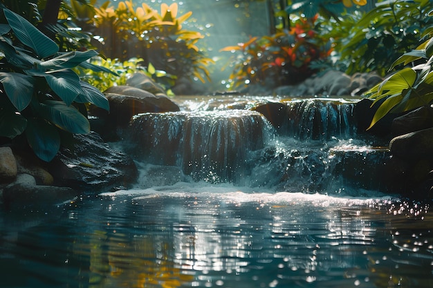 Uma pequena cachoeira em um jardim tropical com água correndo para baixo
