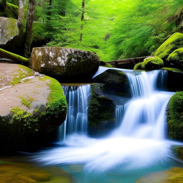 Uma pequena cachoeira em uma floresta com musgo nas rochas