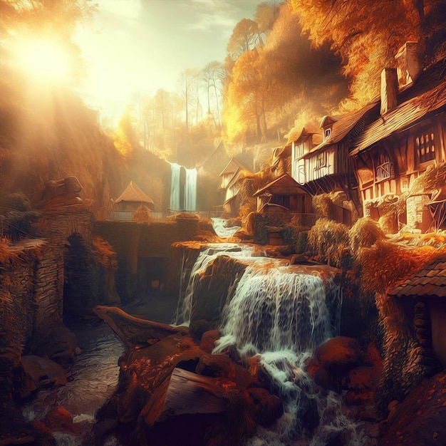 Uma pequena cachoeira fluindo através de uma pequena vila em estilo de pintura a óleo de outono