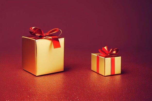 Uma pequena caixa de presente com uma fita vermelha amarrada em volta e uma menor com um laço vermelho.