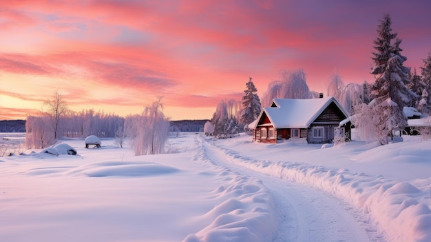 Uma pequena casa aconchegante em uma aldeia à distância cercada por uma paisagem coberta de neve de bea