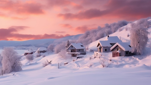 Uma pequena casa aconchegante em uma aldeia à distância cercada por uma paisagem coberta de neve de beau