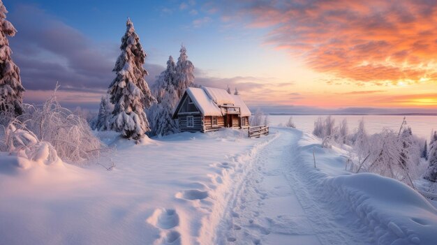 Uma pequena casa aconchegante em uma aldeia à distância, cercada por uma paisagem coberta de neve de ser