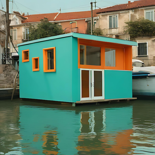 uma pequena casa azul que tem a palavra "windows" no lado