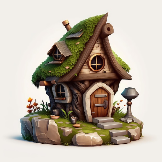 Uma pequena casa com telhado verde e uma casa de cogumelo na parte inferior.